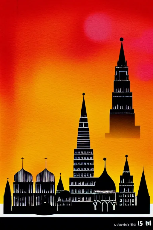 Prompt: minimalist watercolor art of moscow skyline at sunset, illustration, vector art