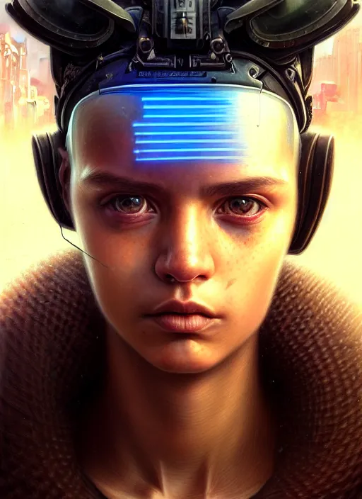 Prompt: closeup portrait shot of a cyberpunk teenager in a scenic dystopian environment, intricate, elegant, highly detailed, centered, digital painting, artstation, concept art, smooth, sharp focus, illustration, artgerm, tomasz alen kopera, peter mohrbacher, donato giancola, joseph christian leyendecker, wlop, boris vallejo