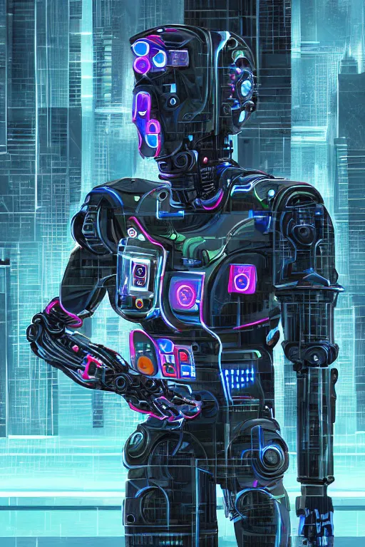 Prompt: a digital painting of a man with a robot suit on, cyberpunk art by Constant, featured on polycount, computer art, glitchy, biomorphic, greeble