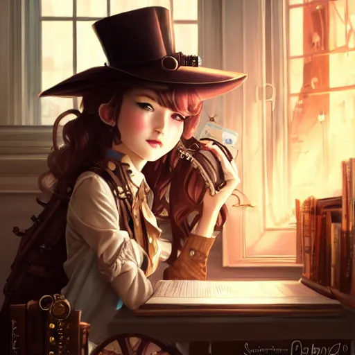 Image similar to a beautiful steampunk detective girl sitting in her office | | cute - fine - face, pretty face, fine details by stanley artgerm lau, wlop, rossdraws, james jean, andrei riabovitchev, marc simonetti, and sakimichan, trending on artstation