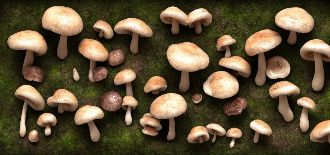 Image similar to 3 d study of a bunch of mushrooms in the forest, photorealistic, detailed, octane