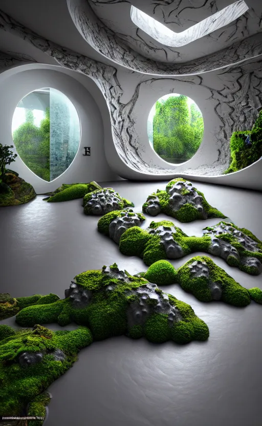 Image similar to highly detailed ultra sharp 3 d render villa interior cinematic composition of a smooth ceramic porcelain biomorphic magnolia stone nebula fluid fractal sci - fi surreal architecture landscape, granite, metallic, magnesium, marble, moss and lichen, vincent callebaut composition, mamou - mani, archviz, beautiful lighting, 8 k, unreal engine, hdr,