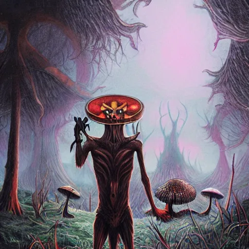 Image similar to a centered chest up portrait of a psychedelic demonic anthropomorphic wendigo smoking a hand - rolled cigarette smoking heavily, magic mushroom village in background. award winning. superb resolution. in the art style of junji ito and greg rutkowski. detailed mushroom city in background. hyper realistic anime. perfect art. dalle 2