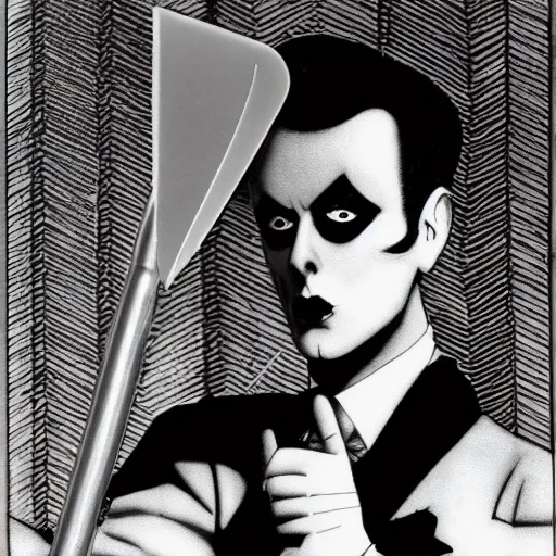 Prompt: an official product photo ad of klaus nomi with a technical reed rollerball pen exacto knife by junji ito, ethereal eel