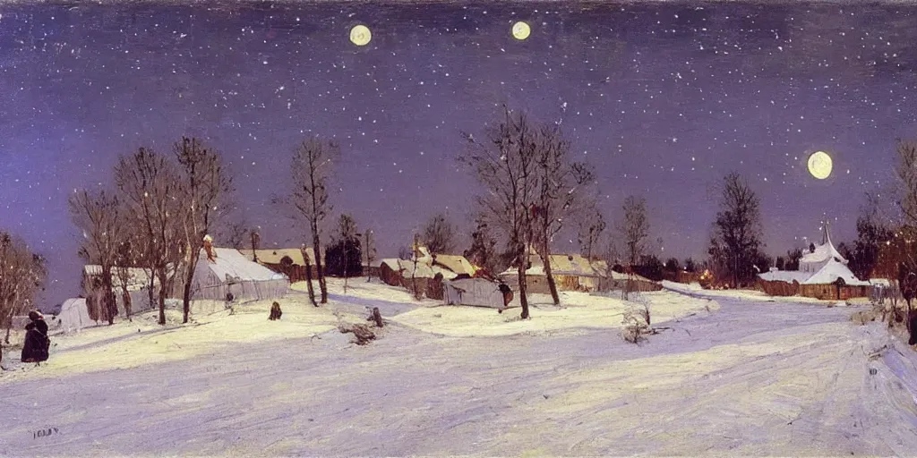 Prompt: a scene of a small rural russian village at night, stars, moon, wintertime, painting by isaac levitan