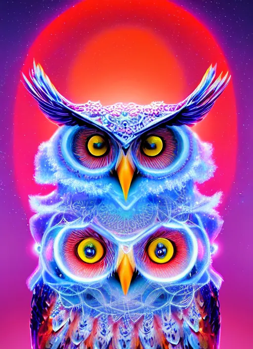 Image similar to symmetry!! product render poster vivid colors divine proportion owl, ice and snow, glowing fog intricate, elegant, highly detailed, digital painting, artstation, concept art, smooth, sharp focus, illustration,