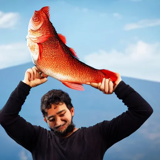 Prompt: a person holding a large fish over his head in a volcano