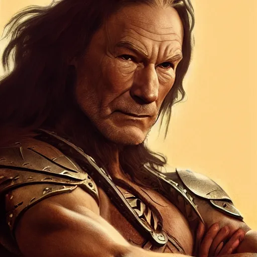 Image similar to a highly detailed matte portrait of patrick stewart as conan the barbarian, art by john collier and albert aublet and krenz cushart and artem demura and alphonse mucha, volumetric lighting, octane render, 4 k resolution, trending on artstation, masterpiece