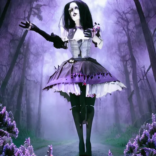 Prompt: american mcgee's vampire goth cyborg alice in lavender madness land sharp focus hyperrealistic cinematic forest of fog sharp portrait