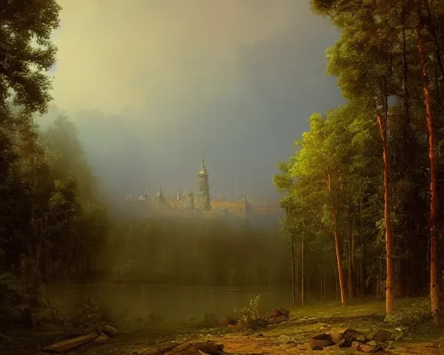 Image similar to beautiful matte painting of cute soviet block of flats hrushevka in end of forest by ivan shishkin and aivazovsky