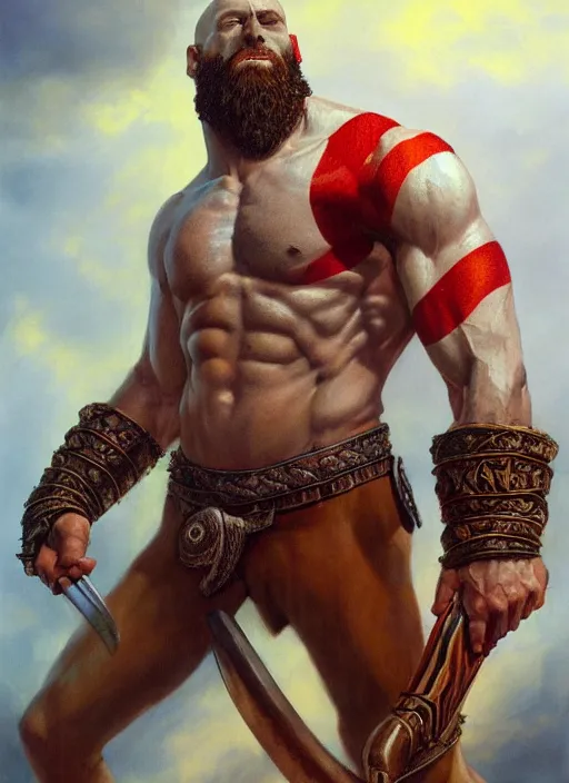 Image similar to a epic portrait of the god of war, art by boris vallejo and greg danton and denys tsiperko, detailed, hyperrealism, artstation