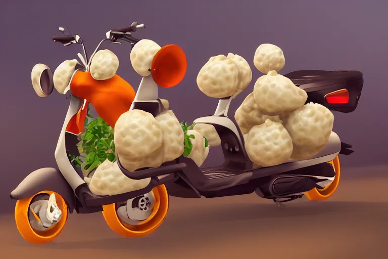 Image similar to scooter with bunch of dumplings, trending on artstation, unreal engine 5