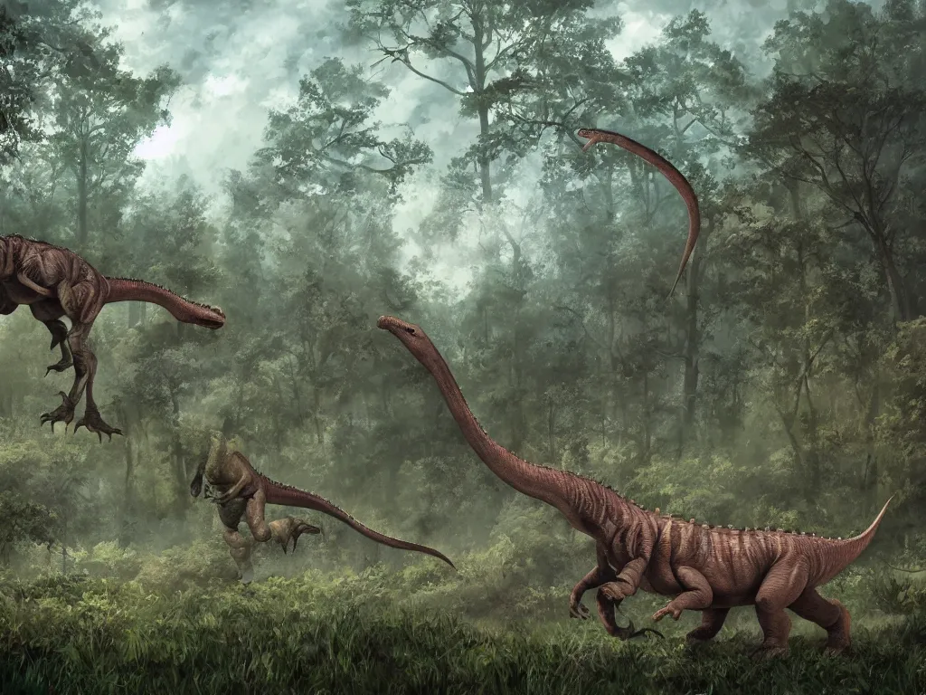 Image similar to dinosaur, forest on background, by rj palmer, trending on artstation