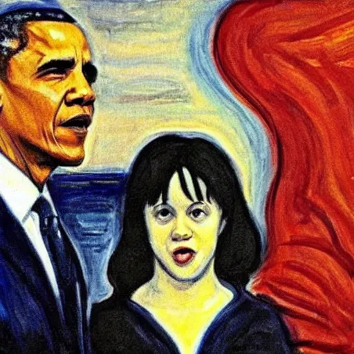 Prompt: obama and harry potter together shouting in unison on the scream edvard munch's painting, style of monet, museum masterpiece, worth a lot, sothebys