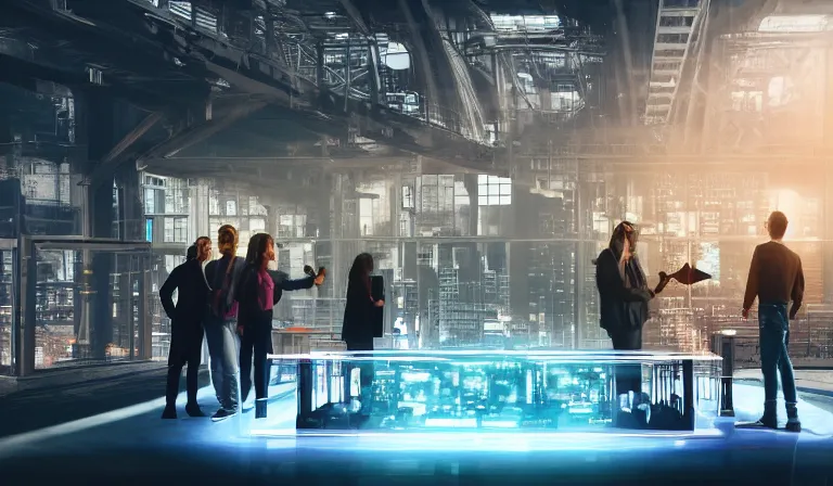 Image similar to group of people in simple warehouse, looking at hologram of futuristic city on a table, cinematic concept art, godrays, golden hour, natural sunlight, 4 k, clear details, tabletop model buildings, center model buildings, hologram center, crane shot, crane shot, crane shot