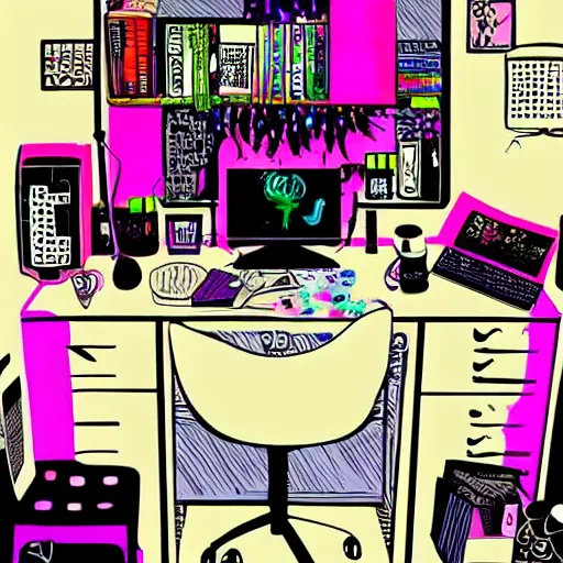 Image similar to goth guy sitting at computer in cluttered room, by harumi hironaka, aesthetic!!!,