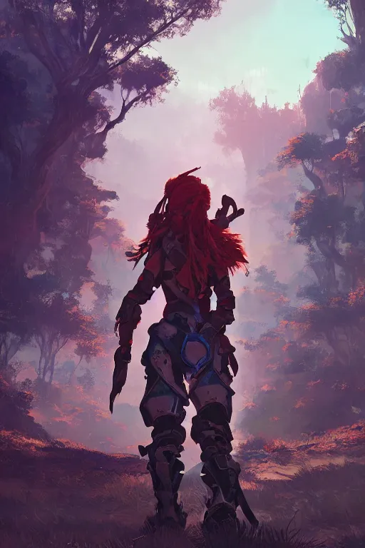 Image similar to combination suit armor aloy horizon forbidden west horizon zero dawn radiating a glowing aura global illumination ray tracing hdr fanart arstation by ian pesty and alena aenami artworks in 4 k tribal robot ninja mask helmet backpack