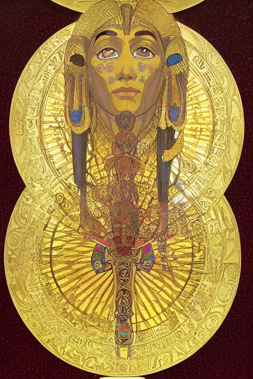 Prompt: thoth, egyptian god, gold jewelry, flower of life, sacred geometry, by Alphonse Mucha, rule of thirds, super detailed, 8k