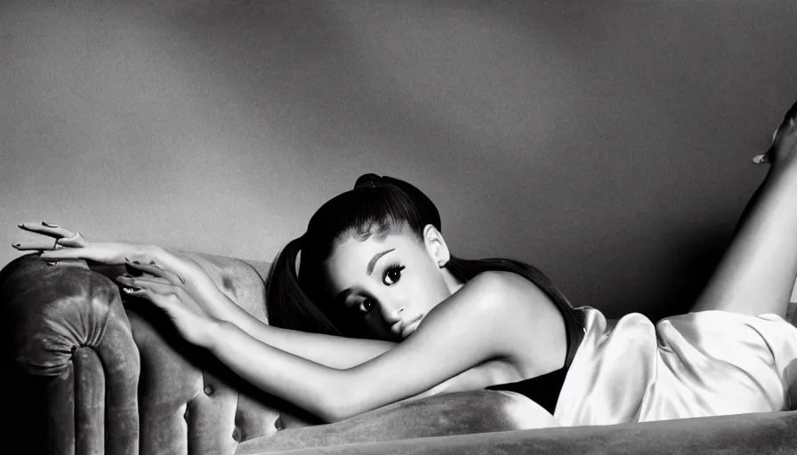 Prompt: award winning photo of Ariana Grande laying on a chesterfield lounge, symmetrical face, beautiful eyes, studio lighting, wide shot art by Sally Mann & Arnold Newman