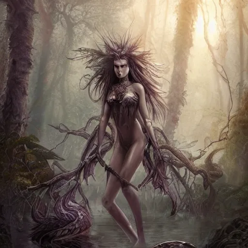 Image similar to high definition charcoal watercolor fantasy character art, beautiful female, hyper realistic, hyperrealism, luminous water elemental, snake skin armor forest dryad, woody foliage, 8 k dop dof hdr fantasy character art, by aleski briclot and alexander'hollllow'fedosav and laura zalenga