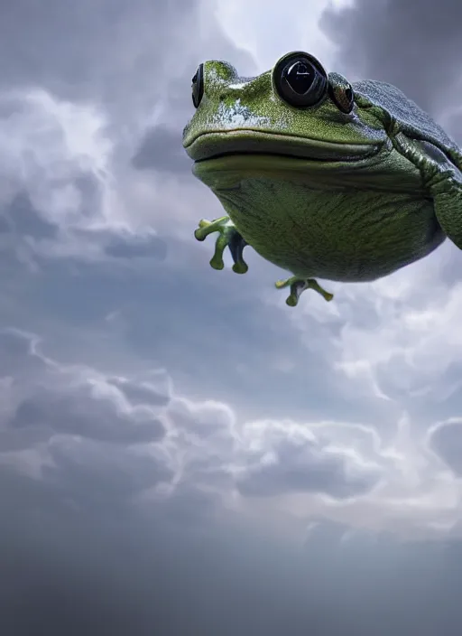 Prompt: hyperrealism, detailed textures, photorealistic 3 d, a massive frog emerging from a fluffy cloud, a flat open plain to infinity, ultra realistic, cinematic, intricate, cinematic light, concept art, illustration, art station, unreal engine 8 k