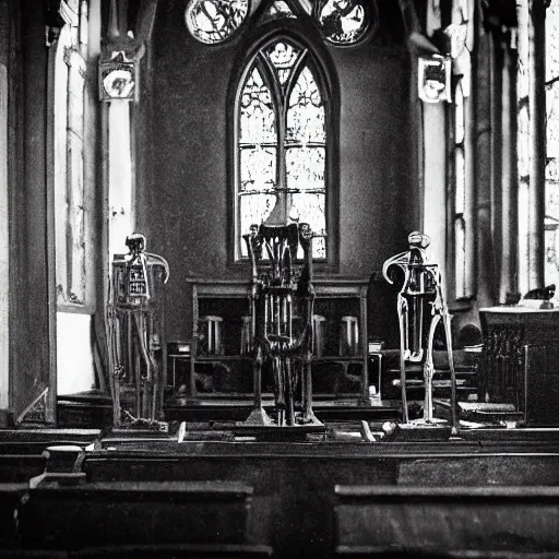 Prompt: photojournalism, old victorian photo, atmospheric, Victorian, Terminator machine skeleton people praying in church made of impossible geometry