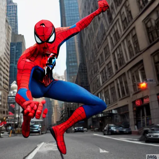 Prompt: photo of Superior Spider-Man swinging through the streets of midtown Manhattan on a bright September evening