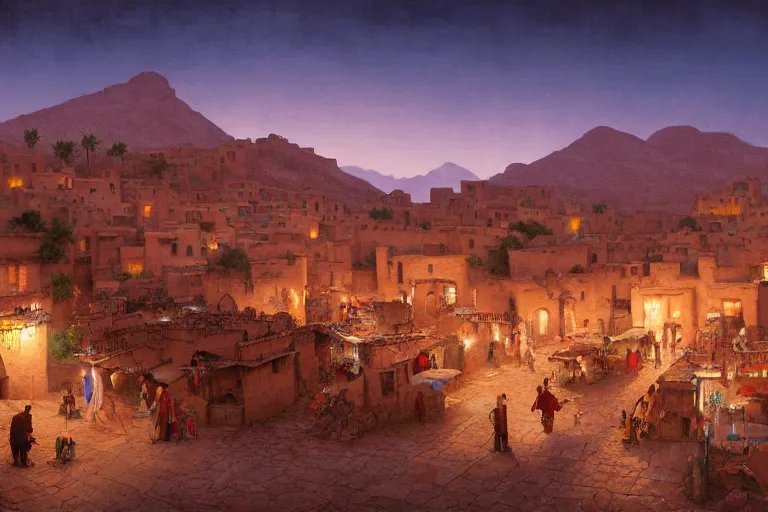 Prompt: in the middle of a adobe house kasbah town, mud and brick houses, merchant street, pueblo architecture, colorful crowd, festival. Scenic view at night, underexposed, clean horizon, matte painting by raphael lacoste and marc simonetti and craig mullins and christophe vacher, trending on artstation, 4k, intricate details