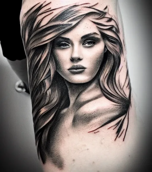 Prompt: tattoo design sketch of an extremely beautiful woman face and a faded background of beautiful mountains on her side, hyper - realistic,, in the style of matteo pasqualin, amazing detail, black and white, faded