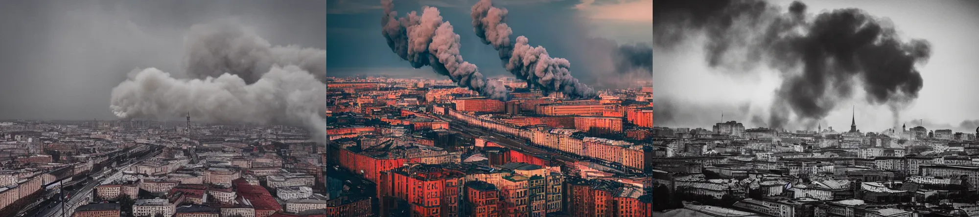 Prompt: Photography of Smoke over the typical Russian city, Cinematic, Photorealistic, High quality, High detailed by AU Photography