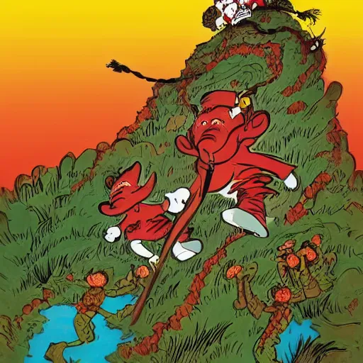 Prompt: Professional art, a stunning illustration of red goblins carrying a prisoner to a cave on a mountainside illustrated by Dr Suess and Takashi Murakami