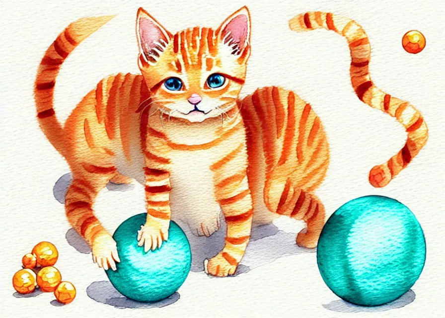 Image similar to cute and funny, orange tabby kitten playing with a ball of yarn, centered award winning watercolor pen illustration, isometric illustration by chihiro iwasaki, edited by range murata, tiny details by artgerm and watercolor girl, symmetrically isometrically centered