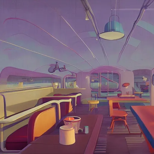 Prompt: inside diner at the beach by simon stalenhag