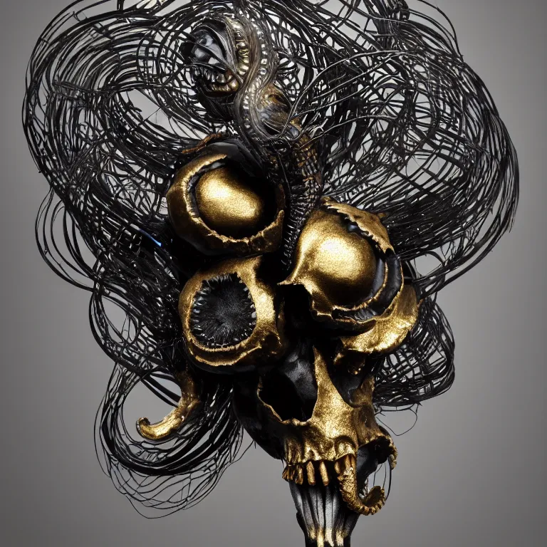 Image similar to black background. absolutely symmetrical sculpture. centered. goddess princess face close-up portrait ram skull. sculpture made of gold and black charcoal. jellyfish phoenix head, nautilus, orchid, skull, betta fish, bioluminiscent creatures, intricate artwork by Tooth Wu and wlop and beeple. octane render, trending on artstation, greg rutkowski very coherent symmetrical artwork. cinematic, hyper realism, high detail, octane render, 8k