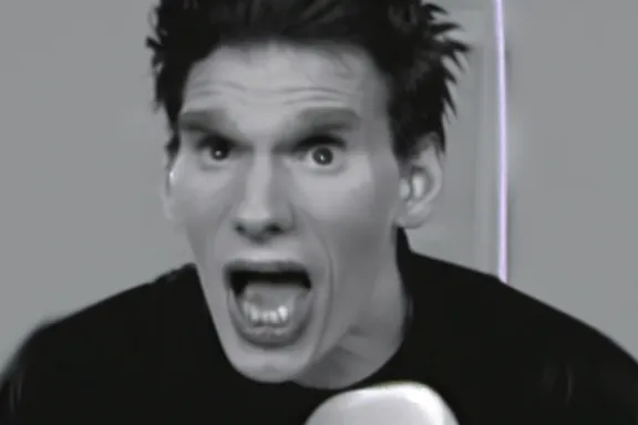 Image similar to a black and white screenshot from a vhs tape of jerma with his mouth unhinged and wide open in the dark