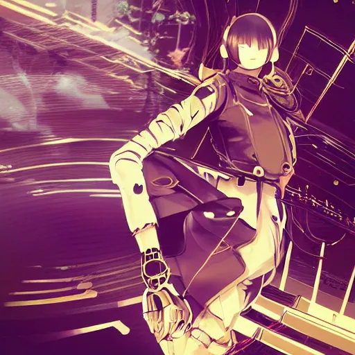 Prompt: Frequency indie album cover, luxury advertisement, golden filter, golden and black colors. Clean and detailed post-cyberpunk sci-fi close-up cyborg assassin schoolgirl in asian city in style of cytus and deemo, mysterious vibes, by Tsutomu Nihei, by Ilya Kuvshinov, by Greg Tocchini, nier:automata, set in half-life 2, GITS, Blade Runner, Neotokyo Source, Syndicate(2012), beautiful with eerie vibes, very inspirational, very stylish, with gradients, surrealistic, dystopia, postapocalyptic vibes, depth of field, mist, rich cinematic atmosphere, perfect digital art, mystical journey in strange world, beautiful dramatic dark moody tones and studio lighting, shadows, bastion game, arthouse