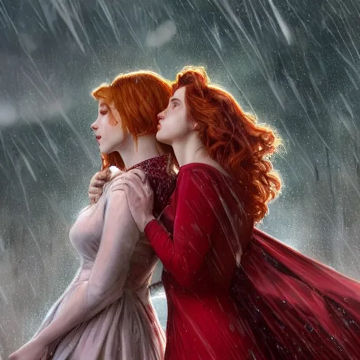 Image similar to a highly detailed portrait of scarlett johansson and emma watson and christina hendricks as polyamorous red haired vampire queens kissing in the rain and wearing a blood red dress, epic fantasy, viewed in profile from far away, ultrawide lens, art by artgerm and greg rutkowski and alphonse mucha, volumetric lighting, 4 k resolution, trending on artstation, masterpiece