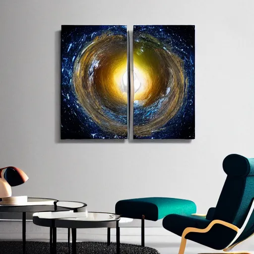 Image similar to elements of the cosmos collection on wall, multiverse astronauts standing below and beside multiverse portal