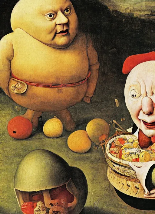 Image similar to full body detailed painting of silly round humpty dumpty with jack black facial expression, realistic, by hieronymus bosch and pieter brueghel