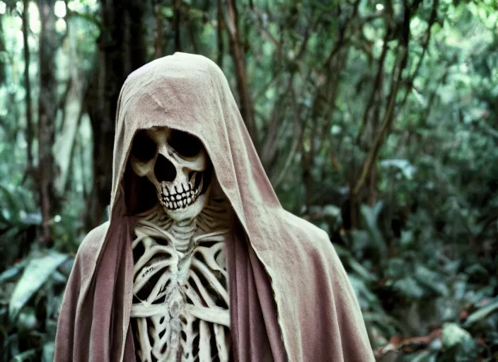 Image similar to screenshot portrait of skeleton in a jedi robe. outside the jedi temple in the jungle. Thriller directed by stanley kubrick, Photographed with Leica Summilux-M 24 mm lens, ISO 100, f/8, Portra 400