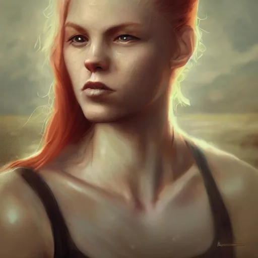 Prompt: portrait of woman with strawberry blond hair by bastien lecouffe - deharme and charles bowater, bangs, ponytail, greg rutkowski, black tank top, inspired by diablo concept art
