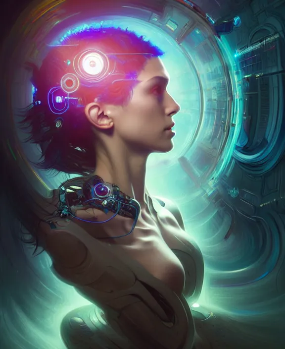 Image similar to a whirlwind of souls rushing inside the metaverse, hologram, half body, neurochip, shaved temple, piercing, jewelry, android, cyborg, cyberpunk face, by loish, d & d, fantasy, intricate, elegant, highly detailed, colorful, digital painting, artstation, concept art, art by artgerm and greg rutkowski and alphonse mucha