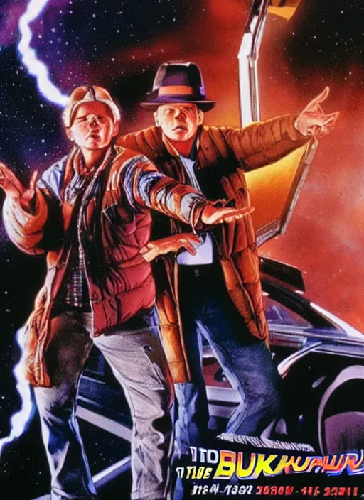 Prompt: movie poster by drew struzan for the back to the future ii.