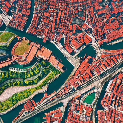 Prompt: a digital painting of a walled city, vibrant colors, ultra detailed, medieval, fantasy, drone photo, aerial view