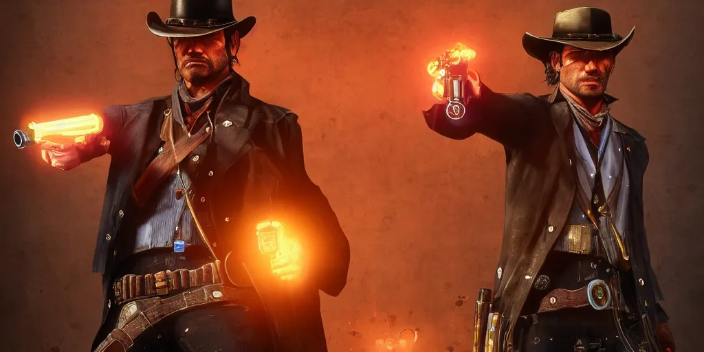 Image similar to a futuristic cowboy holding a glowing revolver to his enemies in a steampunk themed bar, red dead redemption 2, trending on artstation, digital art, award winning, cinematic lightning, god rays