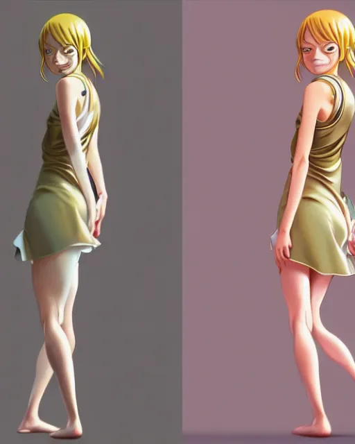 Image similar to emma stone as nami from one piece, simple cream dress, detailed perfect face, mid view, by artgerm, by studio muti, greg rutkowski makoto shinkai takashi takeuchi studio ghibli