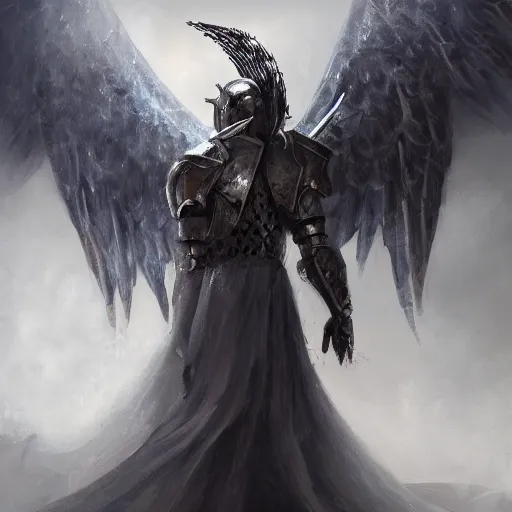 Prompt: an archangel in heavy armor descending from the clouds, artstation hall of fame gallery, editors choice, # 1 digital painting of all time, most beautiful image ever created, emotionally evocative, greatest art ever made, lifetime achievement magnum opus masterpiece, the most amazing breathtaking image with the deepest message ever painted, a thing of beauty beyond imagination or words