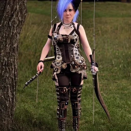 Image similar to full body photo of a clockpunk female archer