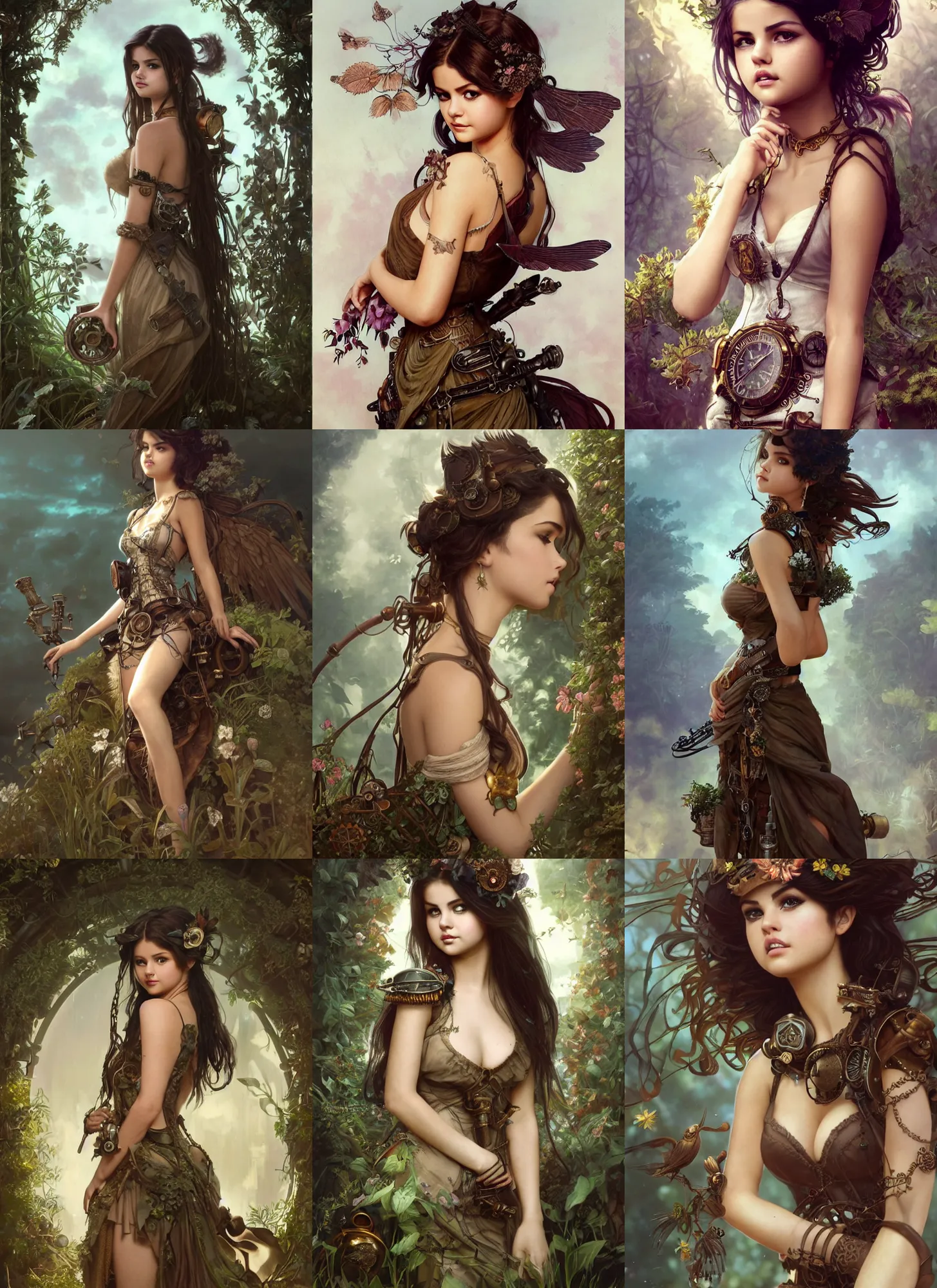 Prompt: beautiful steampunk nature nymph selena gomez in a simple dress, herbacious and steampunk decoration, flowy hair, intricate details, portrait full body, cinematic lighting, photorealistic, octane render, 8 k, art by greg rutkowski and artgerm and alphonse mucha and huang guangjian and taras susak, artstation