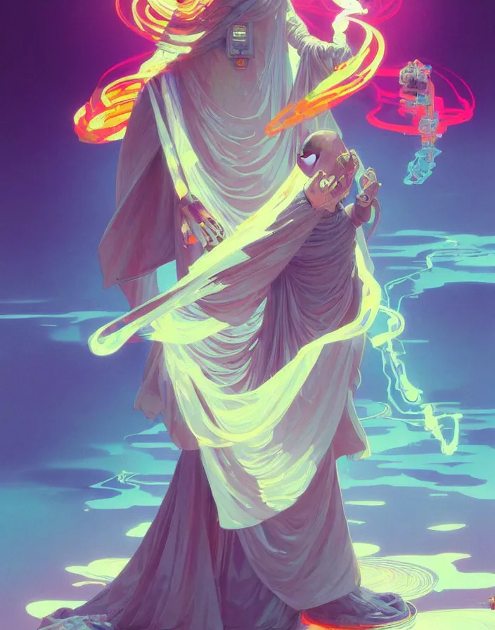 Image similar to a robot monk wearing a flowing cloak, vaporwave aesthetic, colorful, psychedelic, digital painting, artstation, concept art, smooth, sharp focus, illustration, art by artgerm and greg rutkowski and alphonse mucha